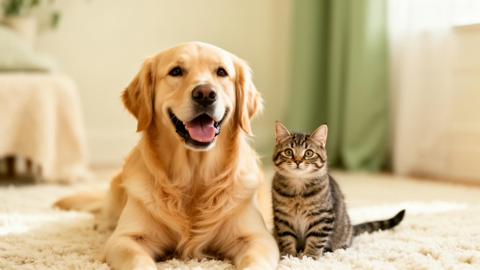 Perro y gato felices en un hogar luminoso